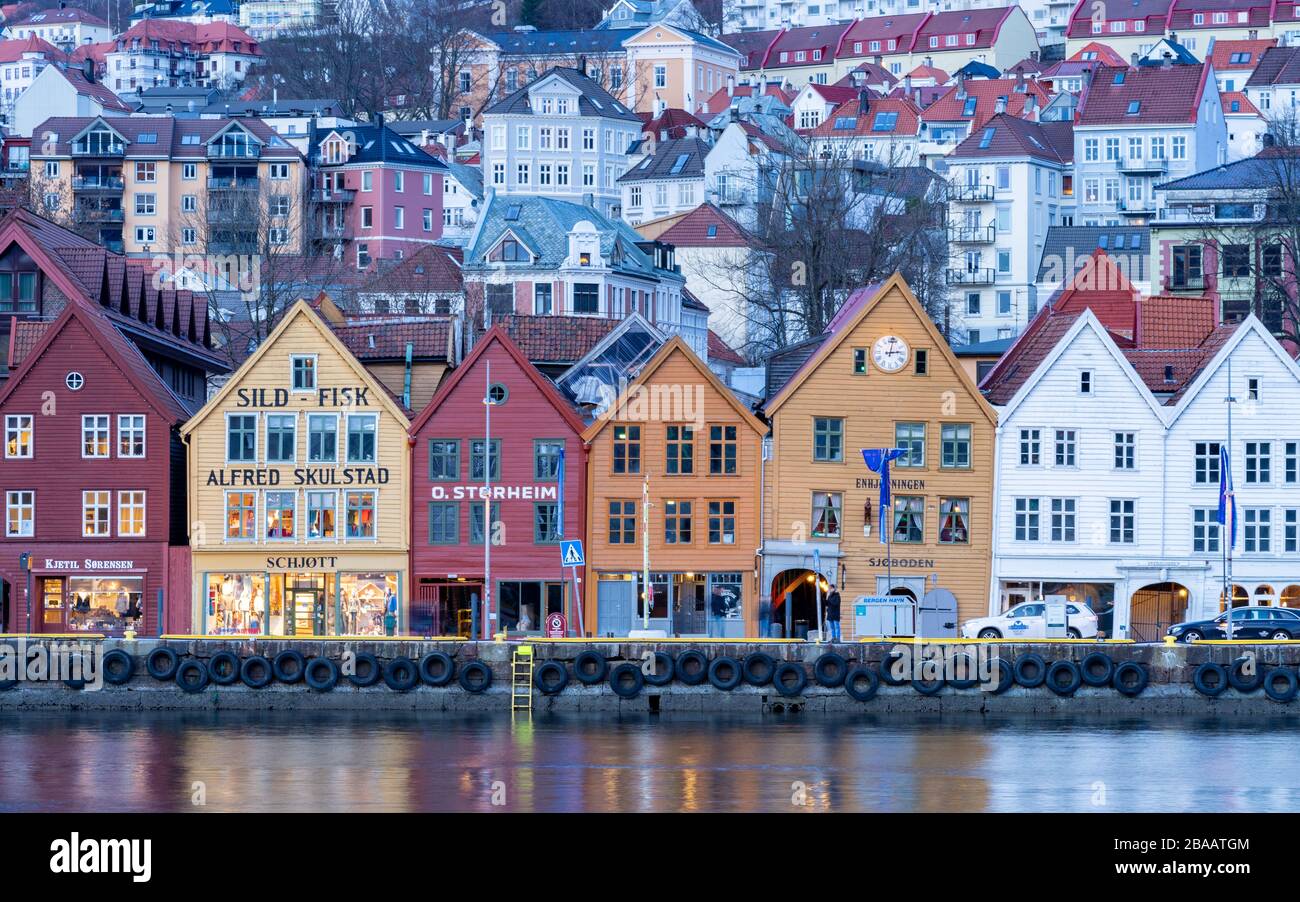 Bergen, Norway. Historical buildings in Bryggen - Hanseatic wharf in Bergen at sunset. Buildings are a UNESCO World Heritage Site. Stock Photo