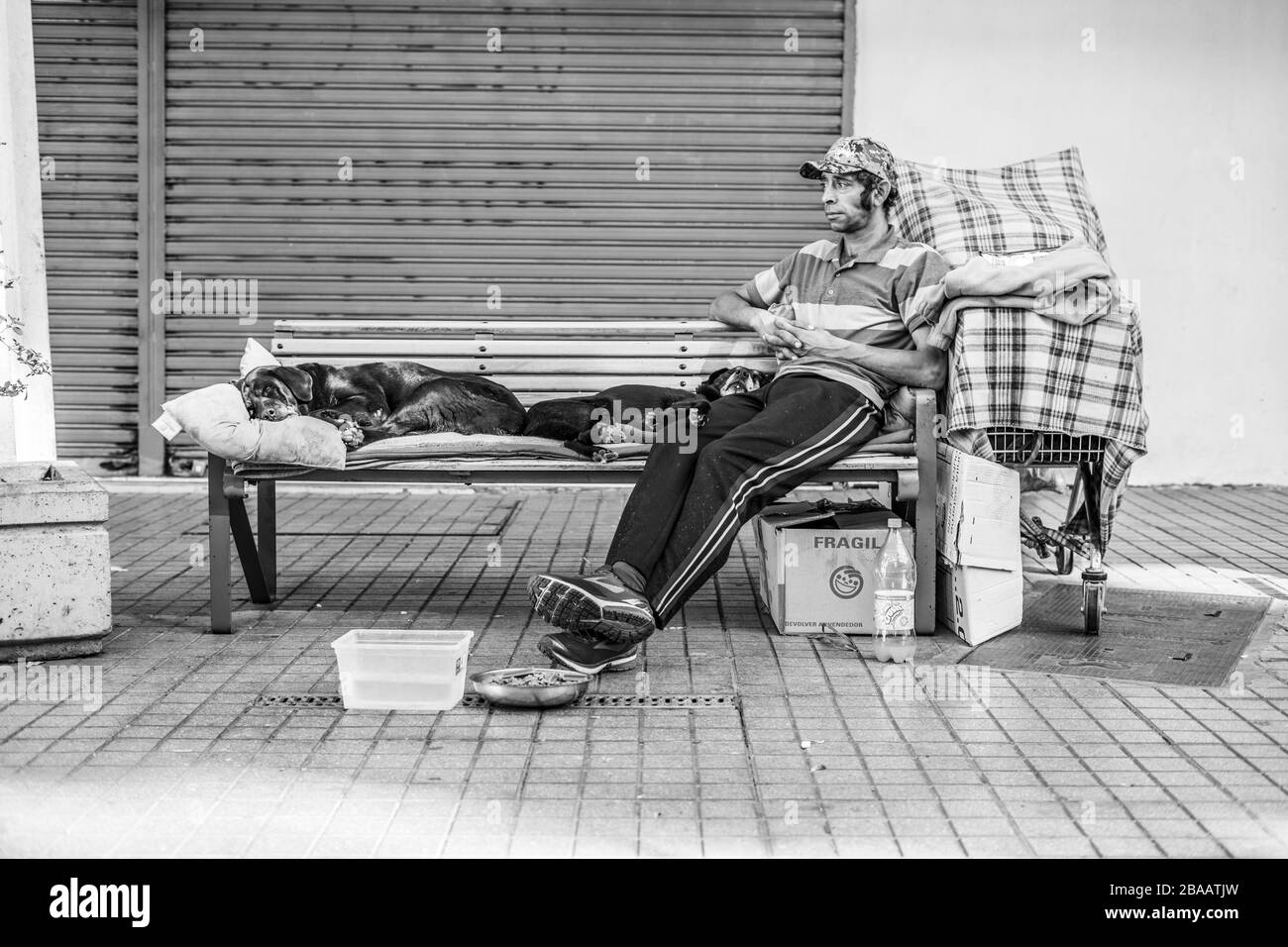 Santiago Chile 26th March 2020 Real homeless people worried and abandoned at Providencia streets during the last hours before the Coronavirus lockdown Stock Photo