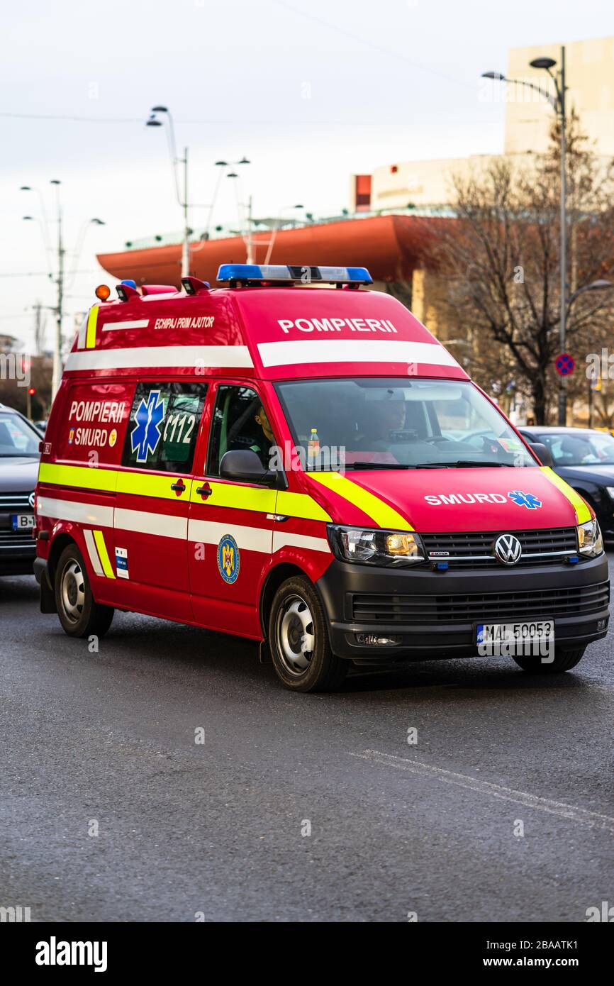 Romanian SMURD ambulance car, 911 or 112 emergency medical service in mission in downtown Bucharest, Romania, 2020. Coronavirus worldwide outbreak cri Stock Photo