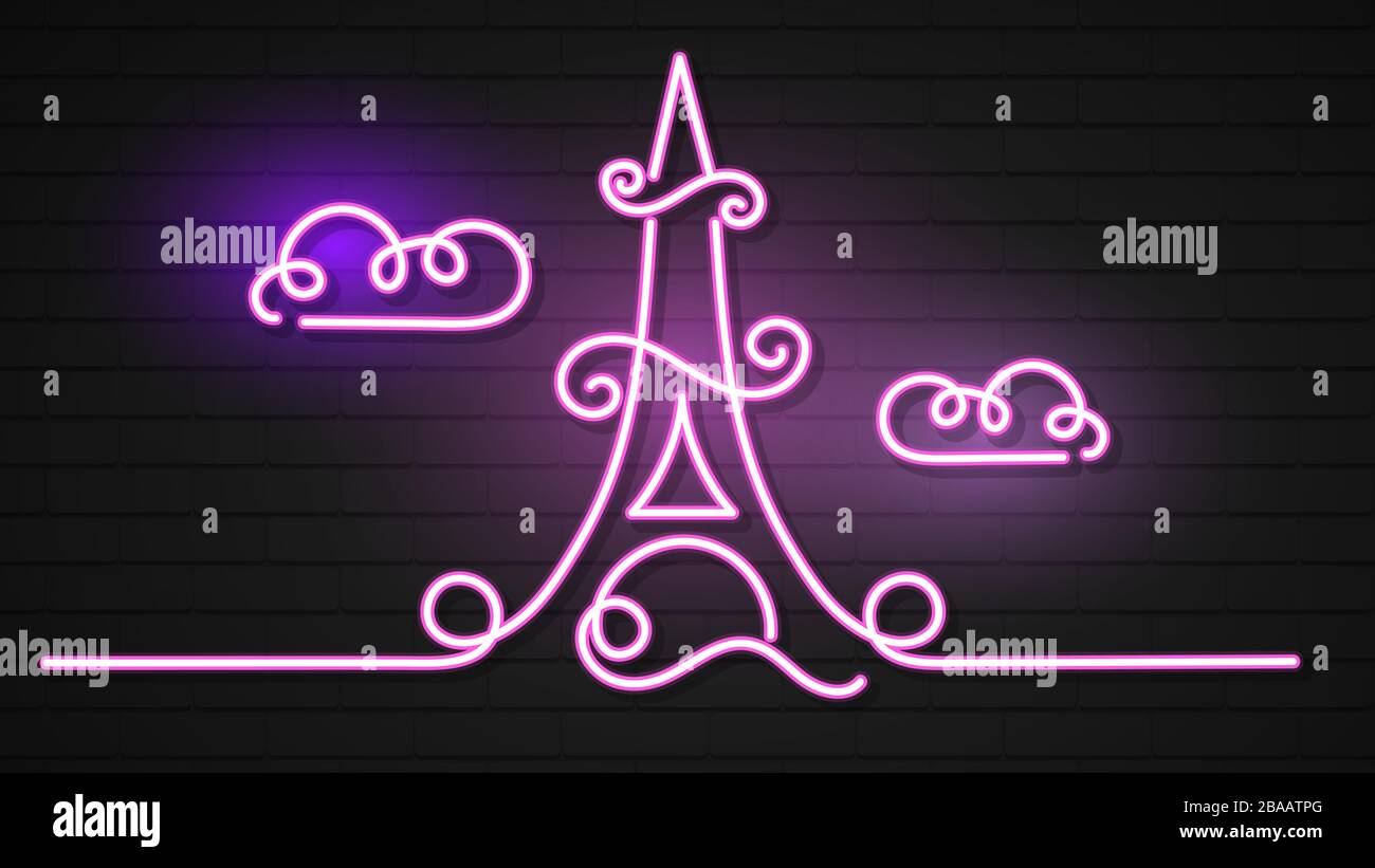 Eiffel tower in neon light on brick background Stock Vector