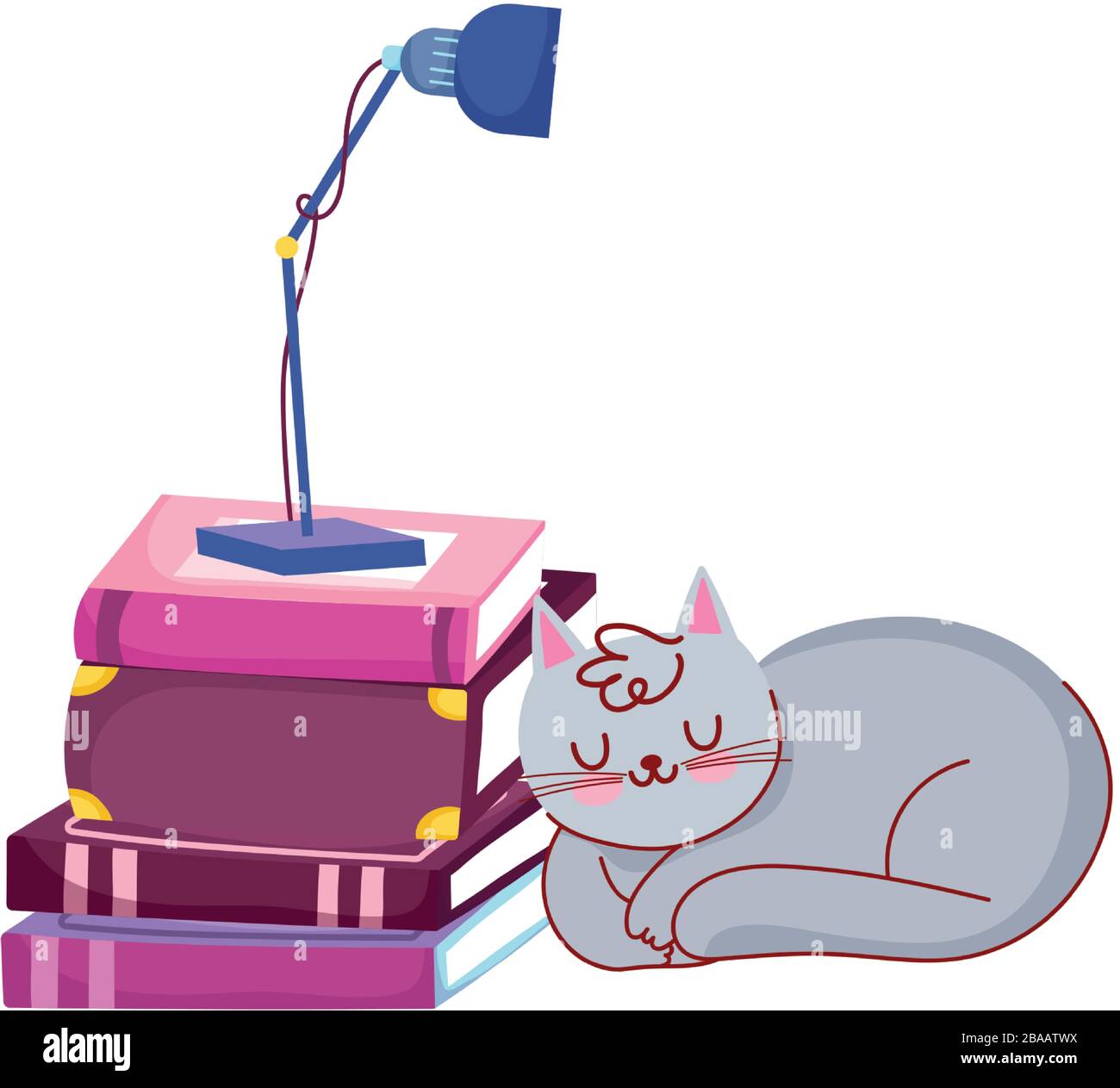 gray cat sleeping stack books and lamp, book day vector illustration ...