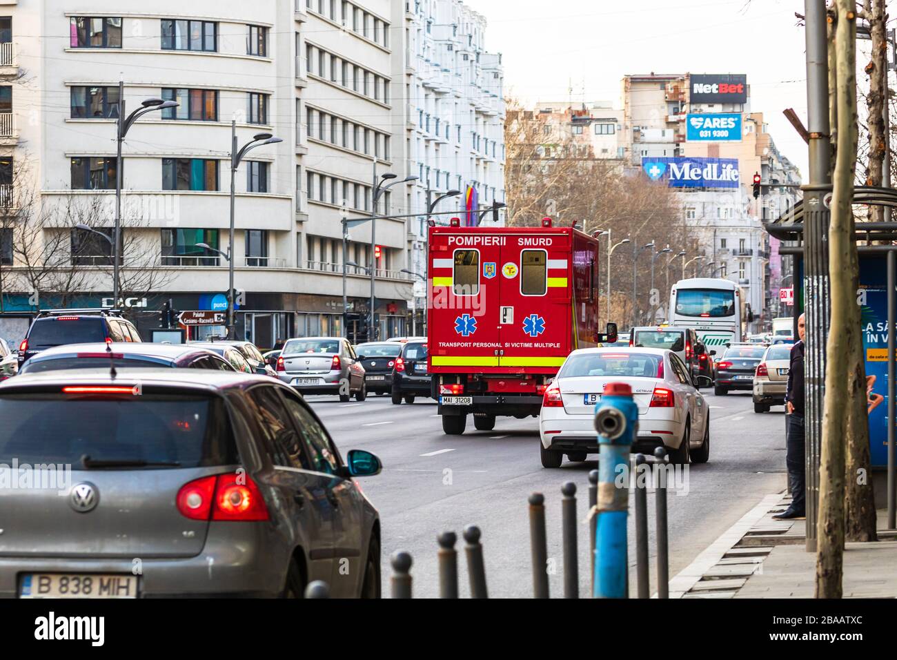Romanian SMURD ambulance car, 911 or 112 emergency medical service in mission in downtown Bucharest, Romania, 2020. Coronavirus worldwide outbreak cri Stock Photo