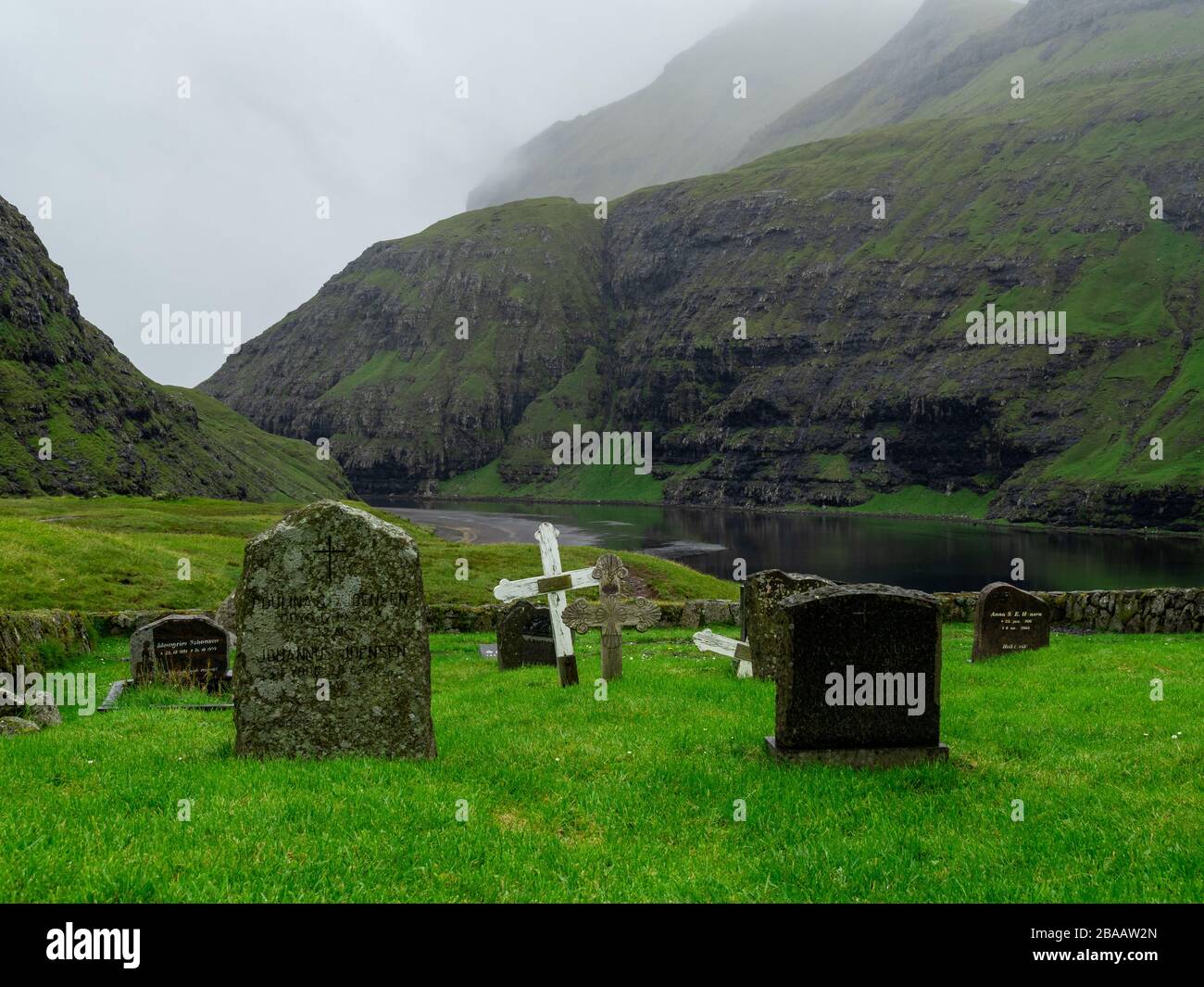 Faroe Islands, Streymoy, Saksun. Old cemetery next to the church. Stock Photo