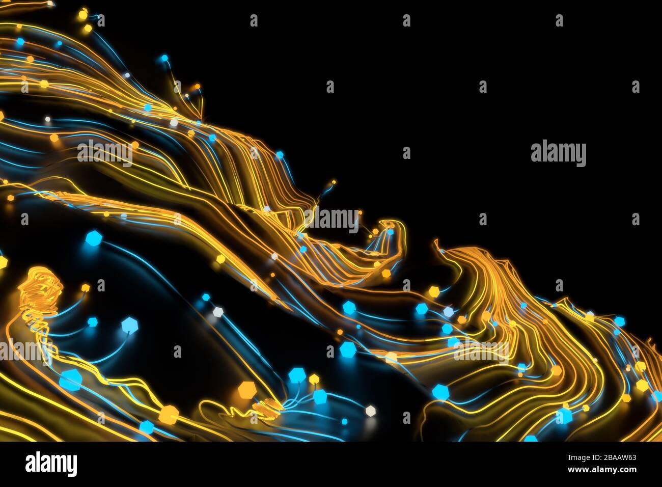 Neon glowing twisted cosmic lines on the glossy surface. Turbulence ...
