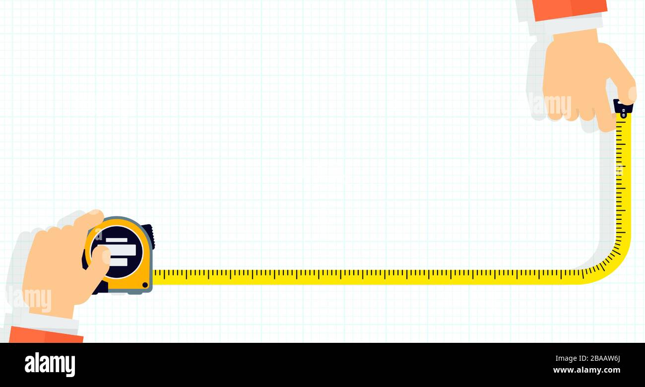 Measuring tape in the hands of a man. Template for a poster Stock