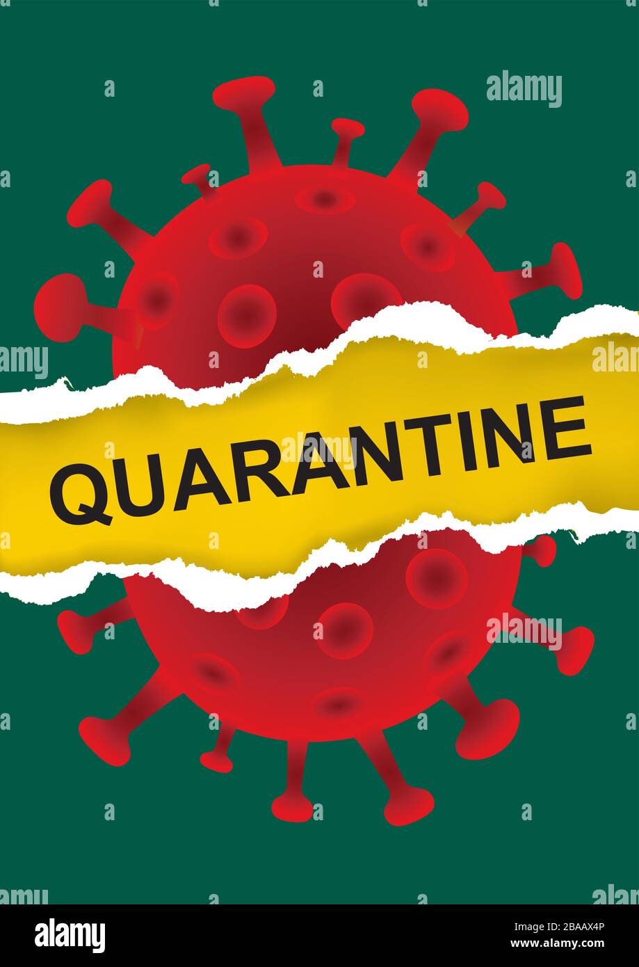 Torn paper with Coronavirus image and quarantine lettering. Expressive illustration symbolizing the destruction of coronavirus. Vector available. Stock Vector