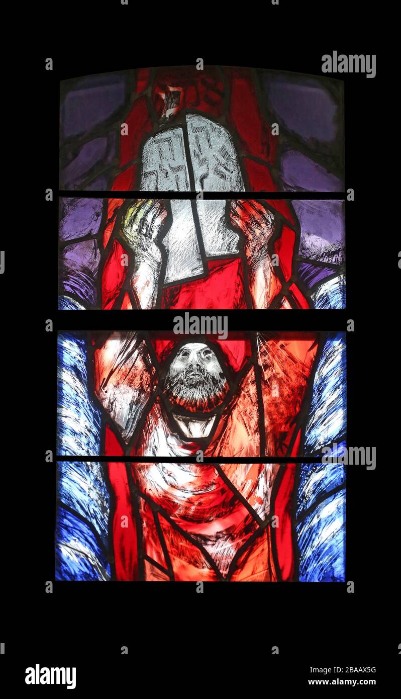 Moses, Crossing the Red Sea, detail of stained glass window by Sieger Koder in Saint James church in Sontbergen, Germany Stock Photo