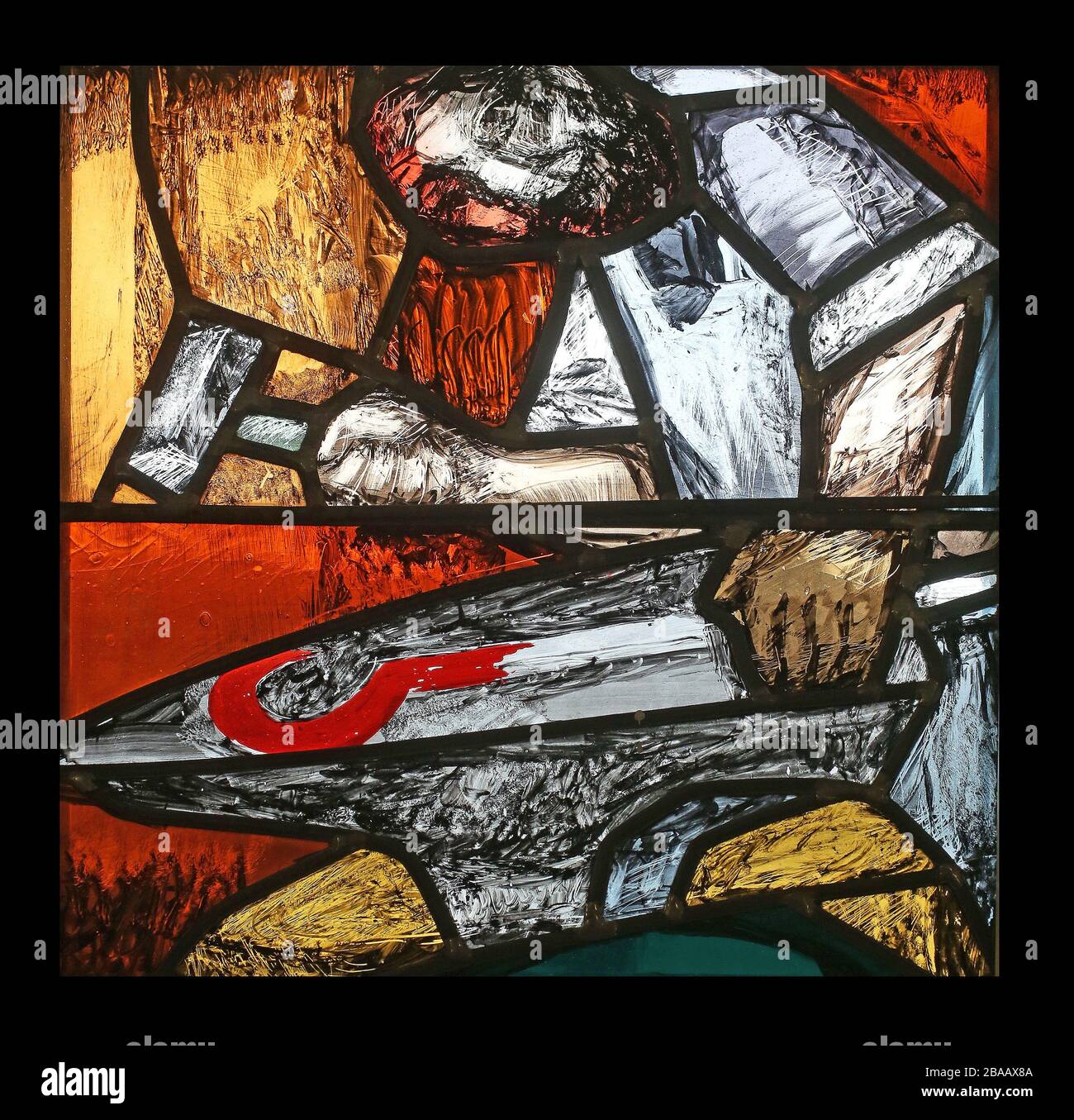 Moses, the journey of the nation at the end of the day on Mount Sinai, detail of stained glass window by Sieger Koder in Saint James church in Sontber Stock Photo