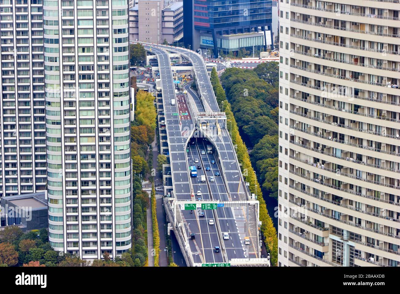 Highway intersection between skyscrapers in Tokyo Stock Photo