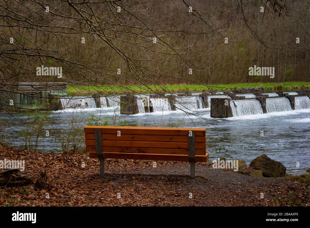 Park bench faces the weir dams were built below the South Holston Dam