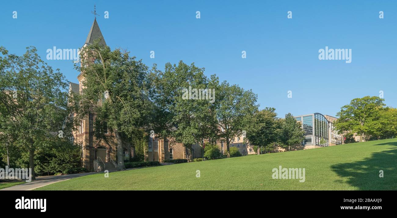 View of University of Wisconsin-Madison with Music Hall on Bascom Hill behind trees, Madison, Dane County, Wisconsin, USA Stock Photo