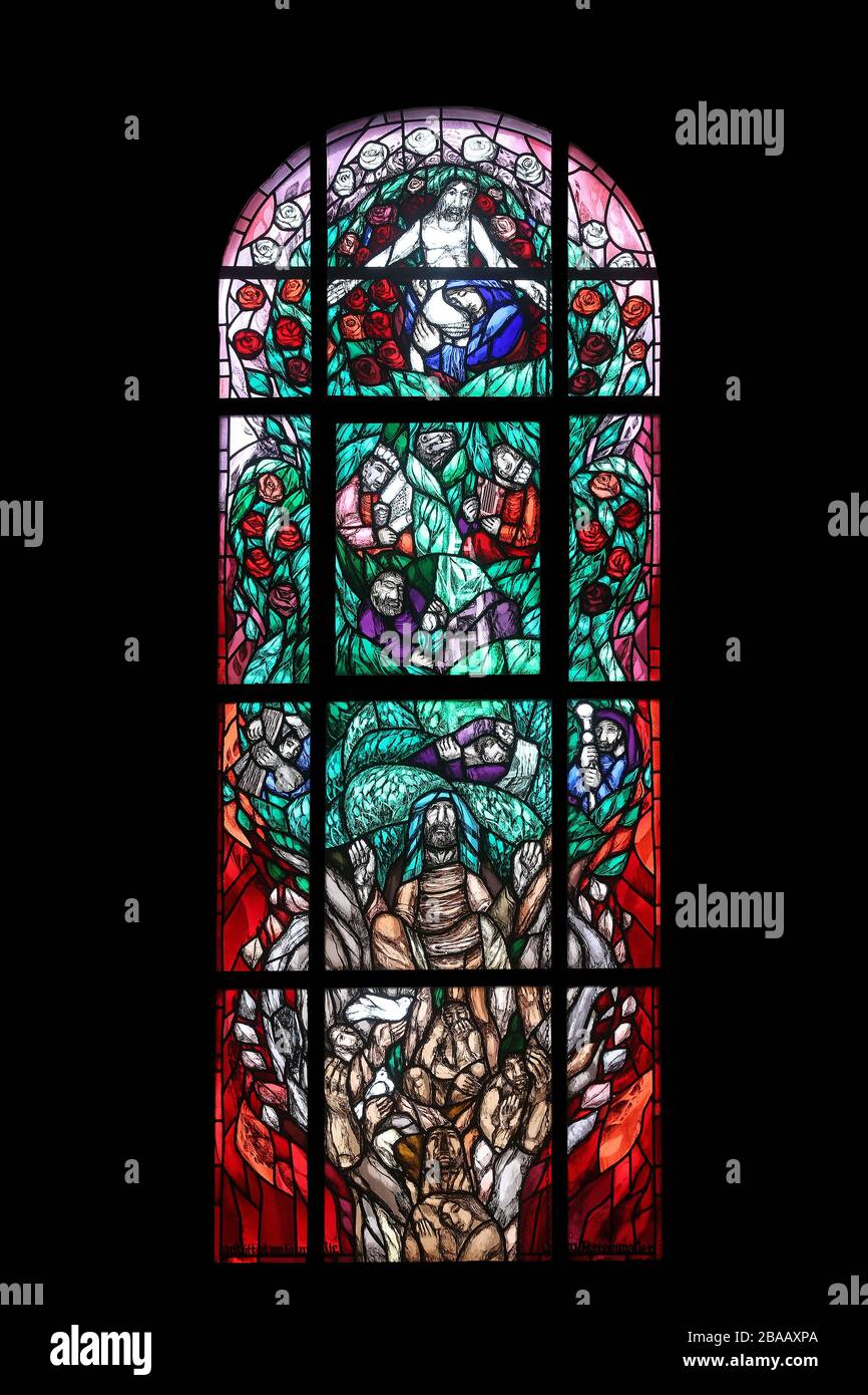 Jesus' Genealogy, stained glass window by Sieger Koder in St. James church in Hohenberg, Germany Stock Photo