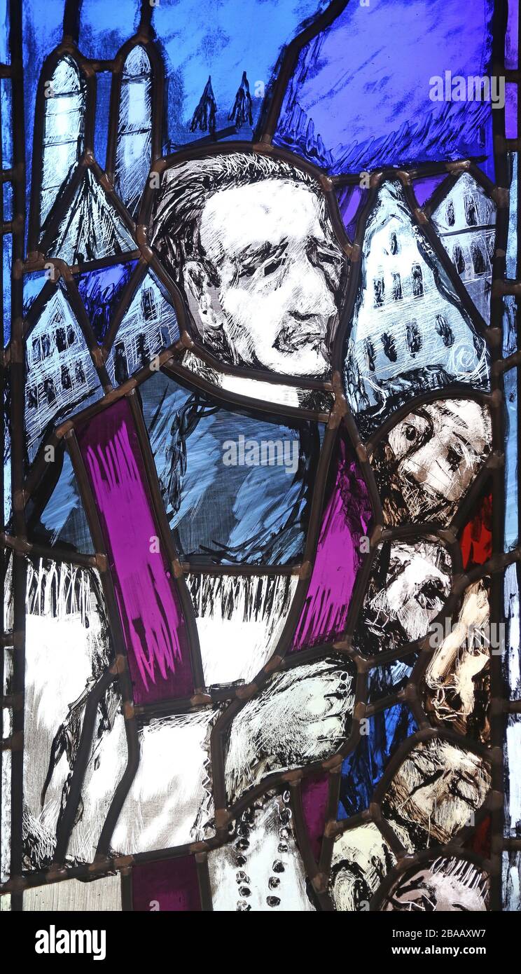 Father Rupert Mayer, stained glass window by Sieger Koder in St. John church in Piflas, Germany Stock Photo
