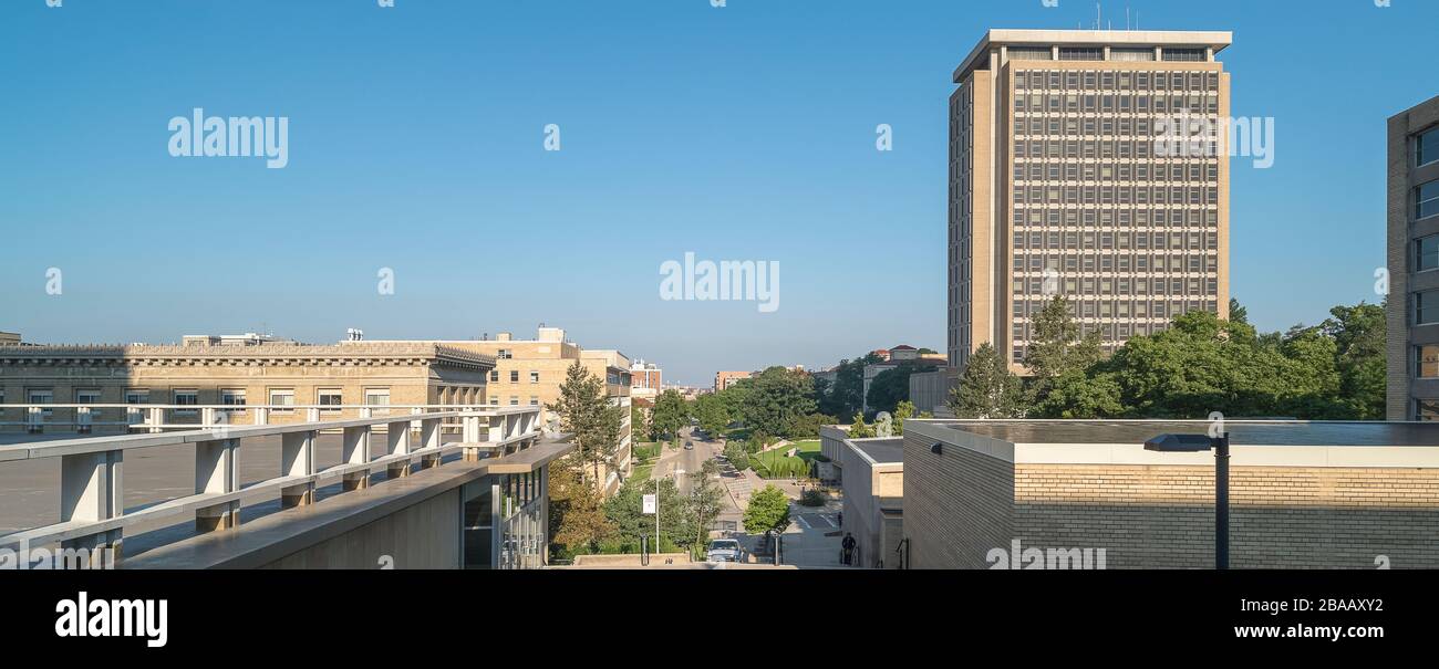 View from top of building of University of Wisconsin-Madison and street, Madison, Dane County, Wisconsin, USA Stock Photo