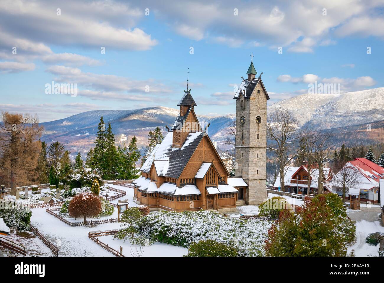 Karpacz, Poland. Winter view of Wang Church (Kosciol Wang) - 12th-century church, constructed similarly to Viking longships and moved to this site in Stock Photo