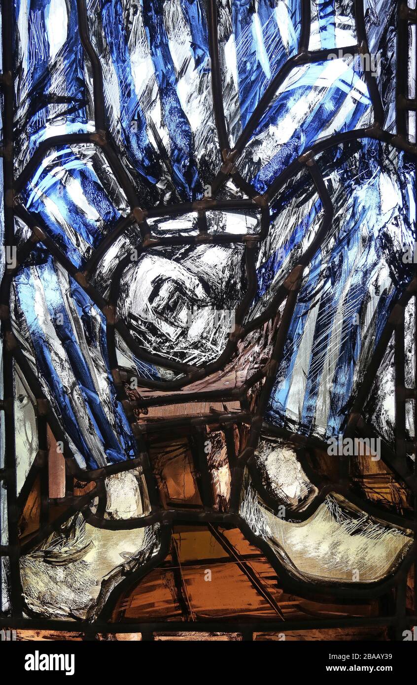 Saint Maximilian Kolbe, detail of stained glass window by Sieger Koder in St. John church in Piflas, Germany Stock Photo