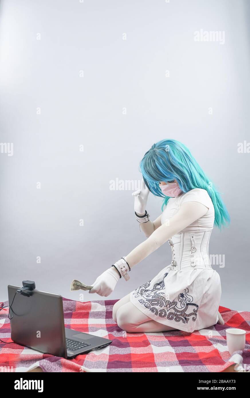 Coronavirus Anime Young Woman At Home Sick With Mask For Corona Virus Female Wears Masks To Protect And Take Care Of Health Home Working With Compu Stock Photo Alamy