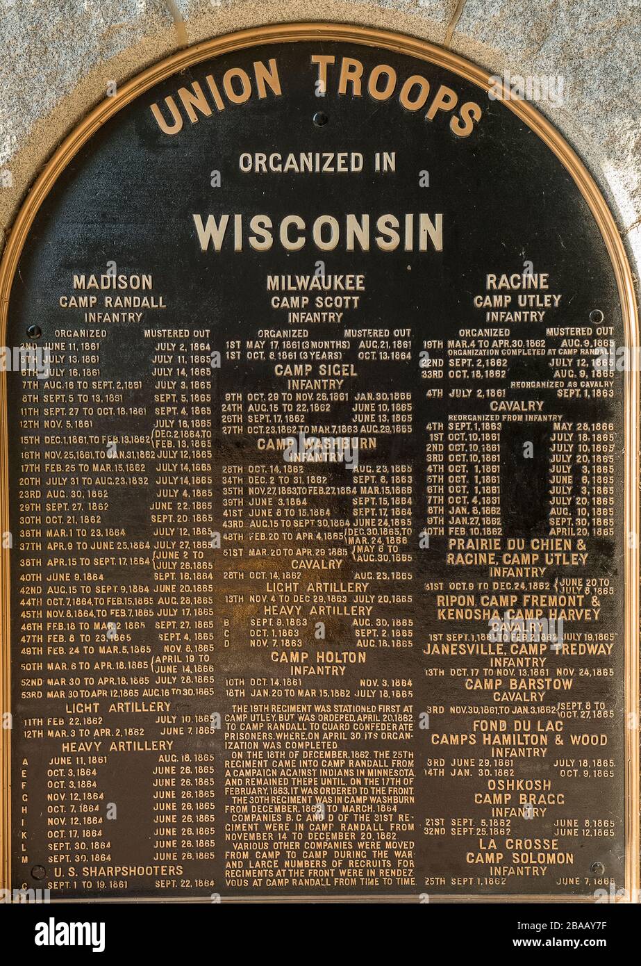 Close up of Civil War Plaque on Camp Randall on University of Wisconsin-Madison, Madison, Dane County, Wisconsin, USA Stock Photo