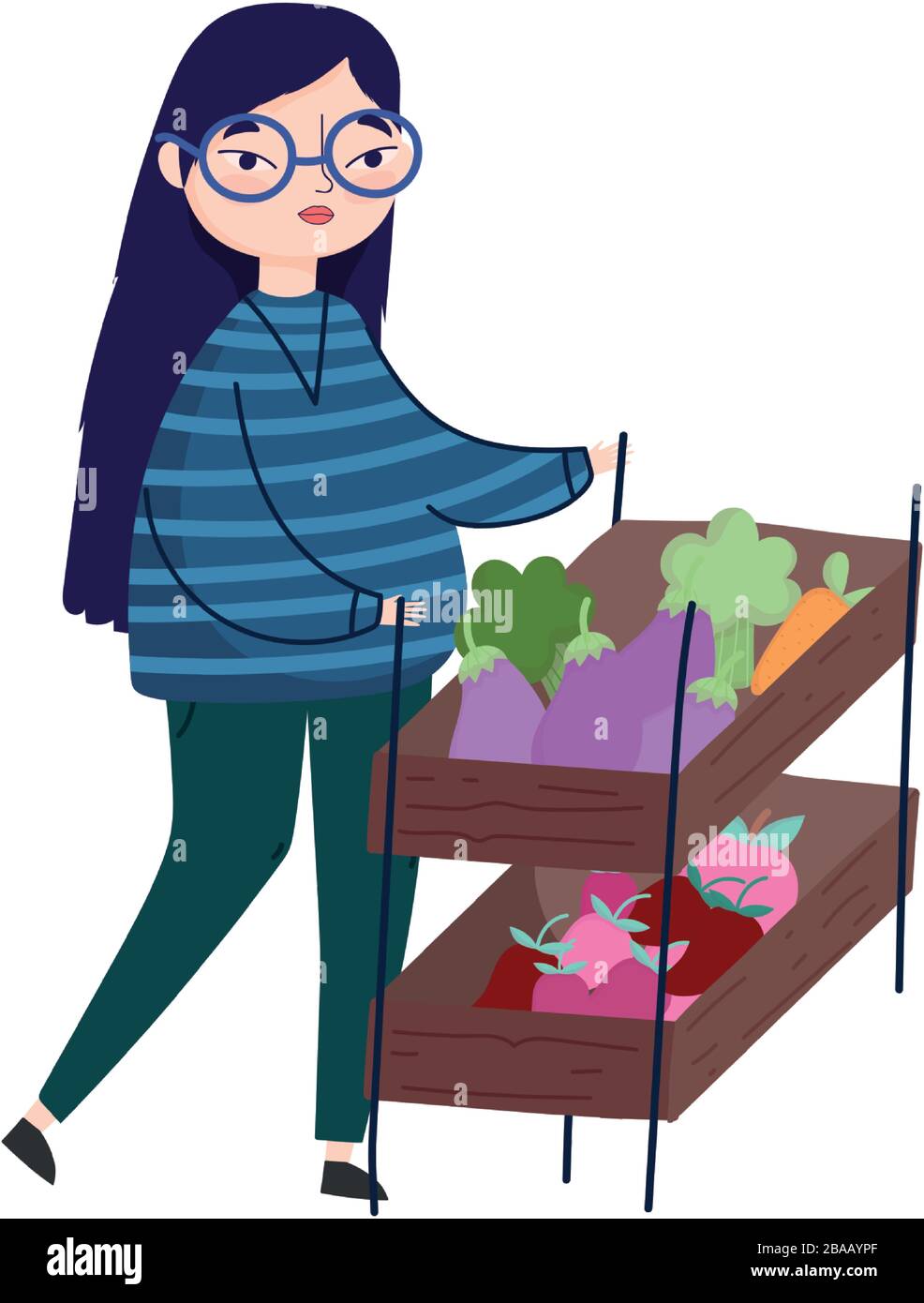 young woman with vegetables in shelf market isolated image vector illustration Stock Vector
