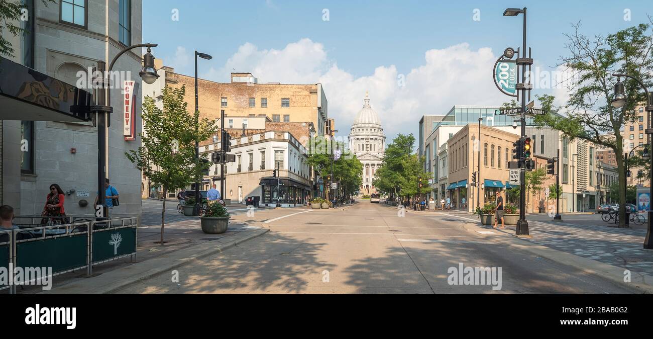 State Street with Wisconsin State Capitol in background, Madison, Dane County, Wisconsin, USA Stock Photo