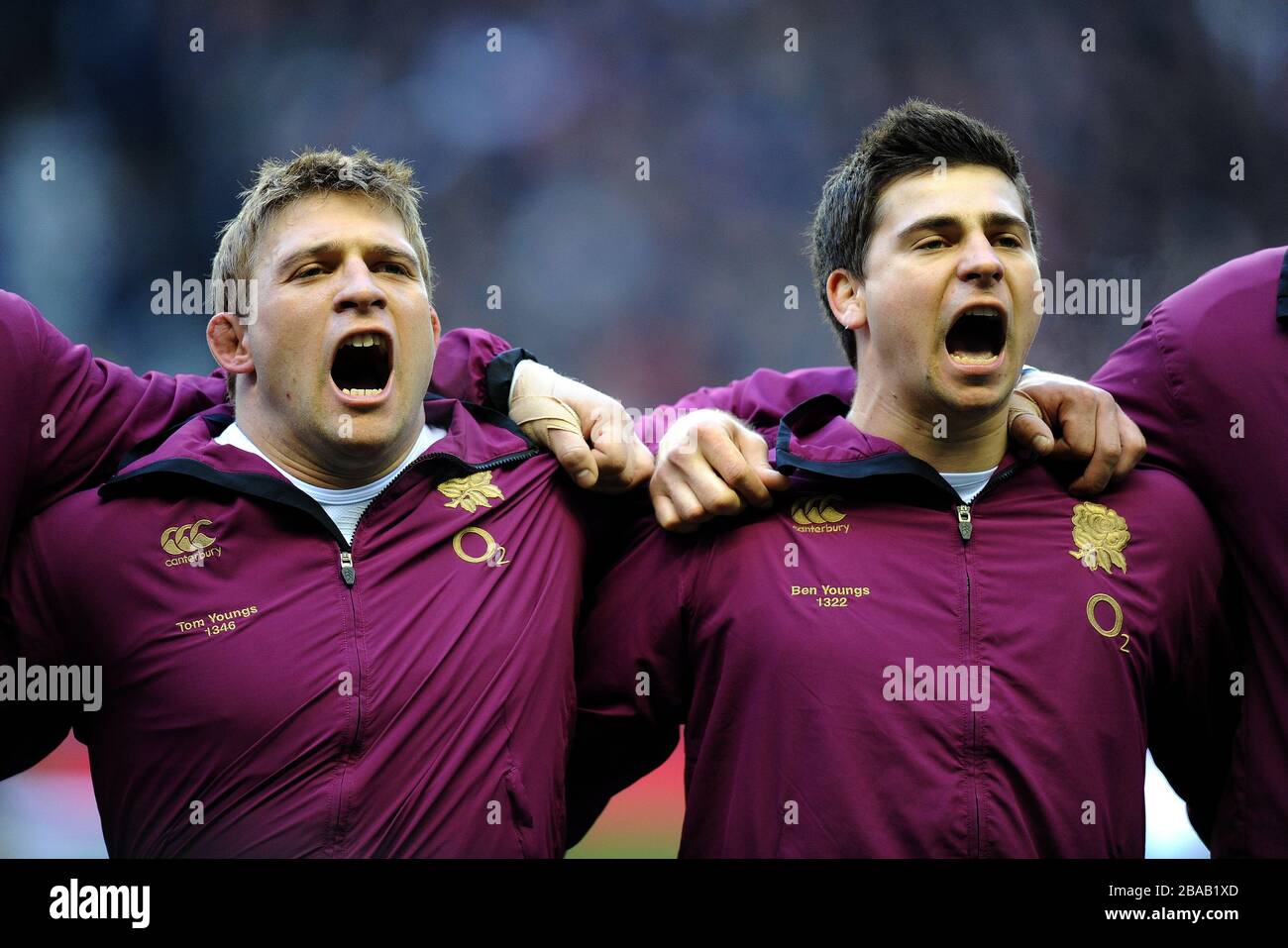 England's Tom (left) and Ben (right) Youngs during the National Anthem Stock Photo