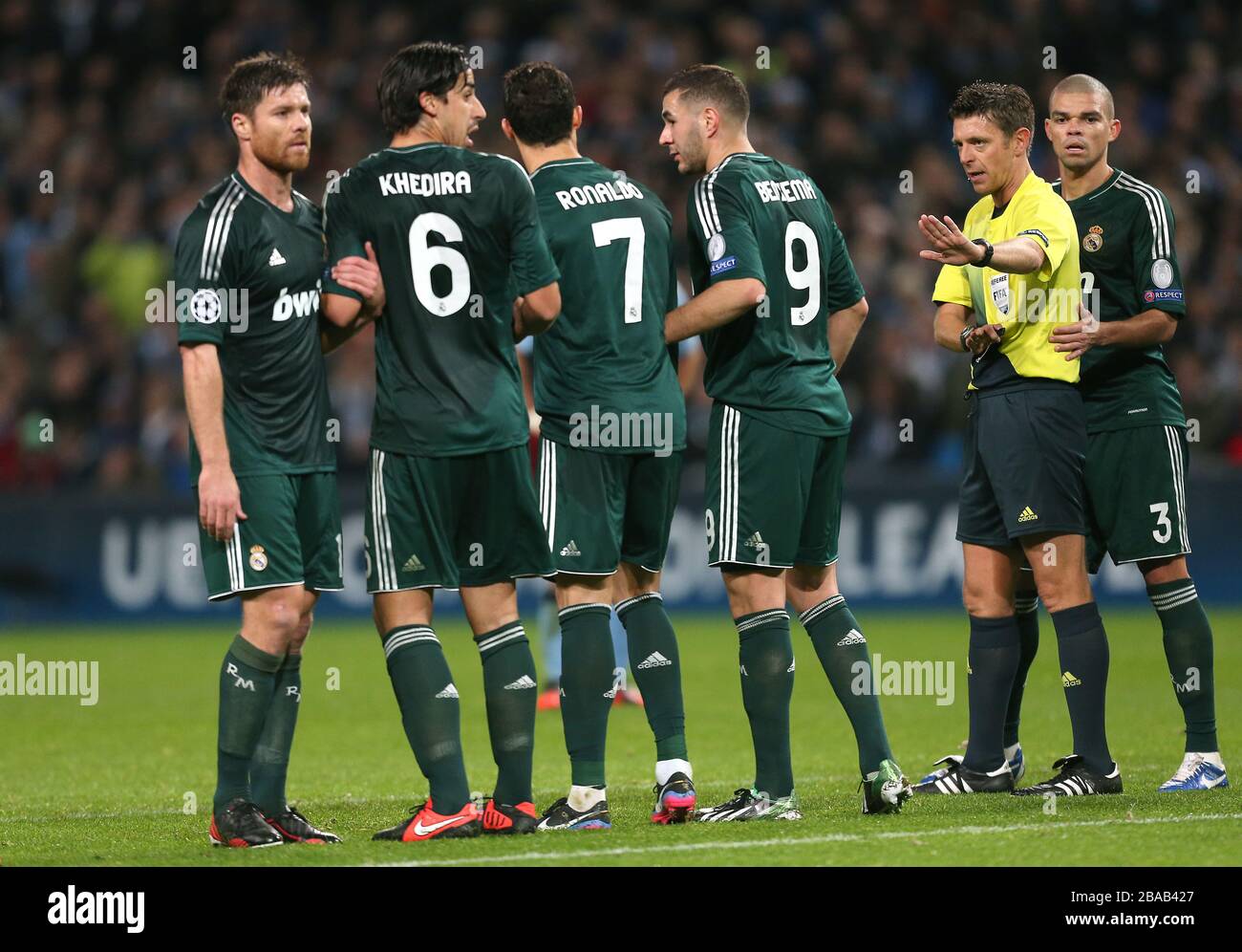 L-R: Real Madrid's Xabi Alonso, Sami Khedira, Cristiano Ronaldo, Karim Benzema, referee Gianluca Rocchi and Pepe Stock Photo