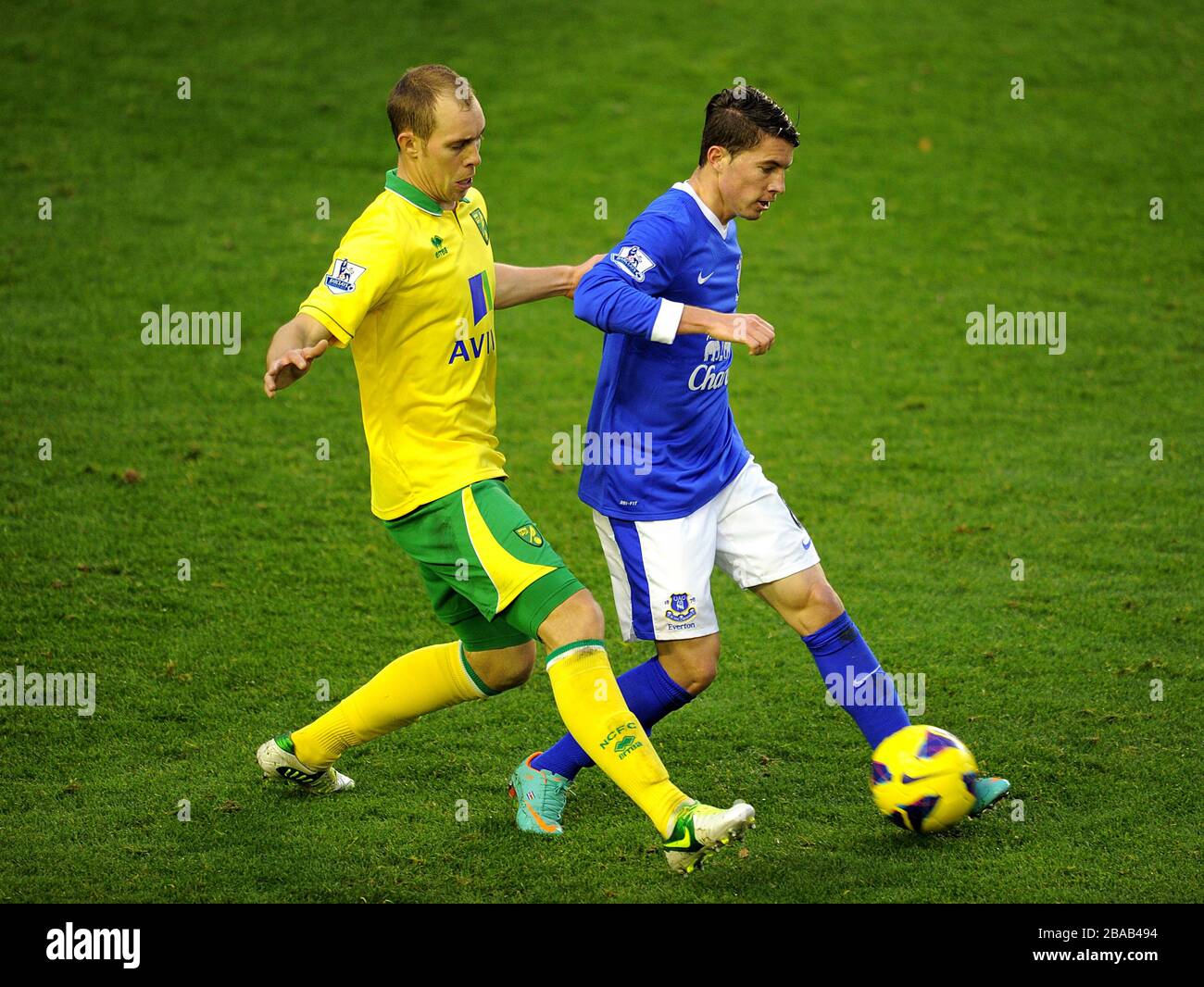 Norwich City's Steven Whittaker (left) and Everton's Bryan Oviedo battle for the ball Stock Photo