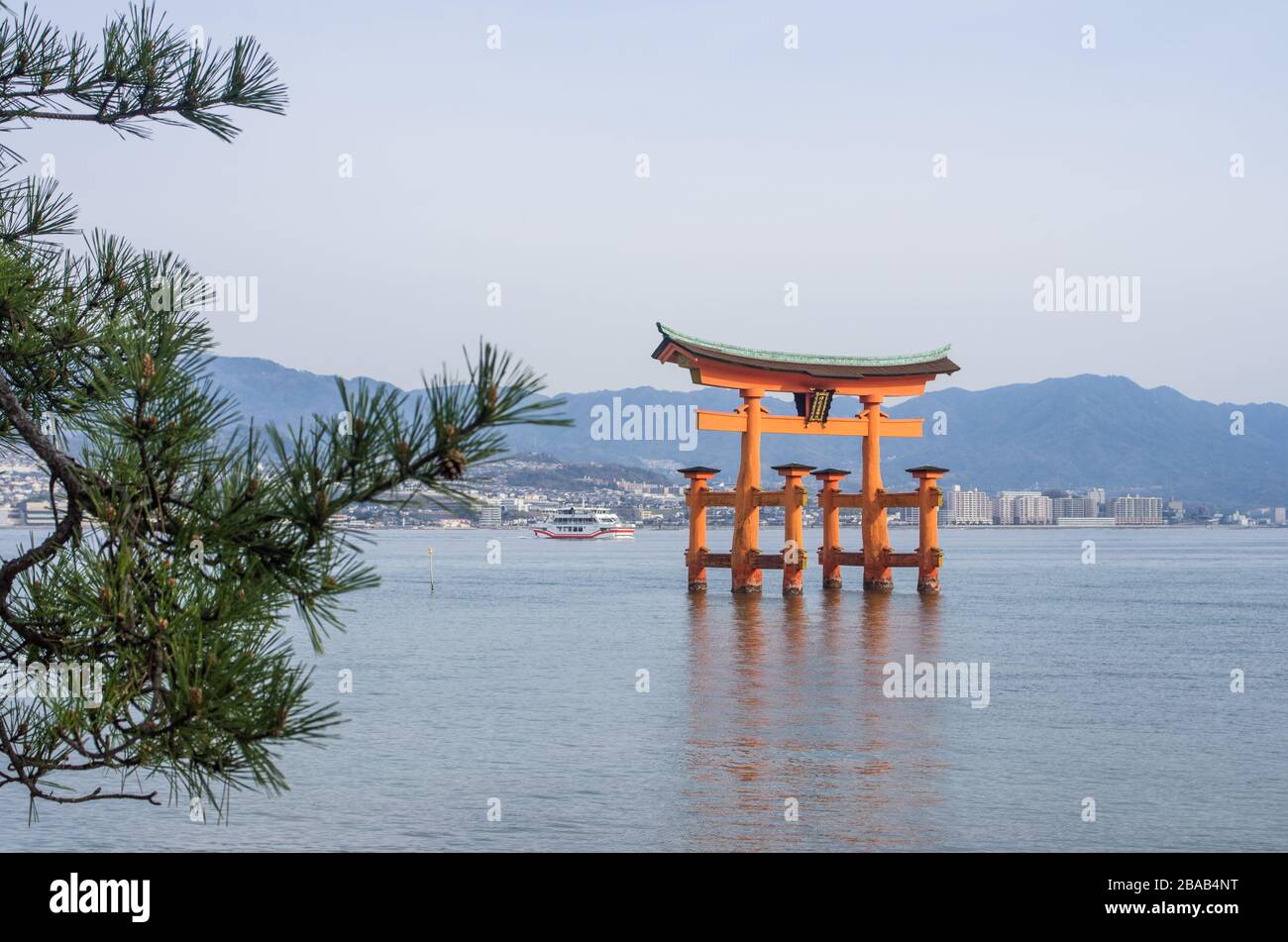The famous floating shrine gate of Miyajima during high tide, Miyajima Island, Hiroshima Prefecture, Japan Stock Photo