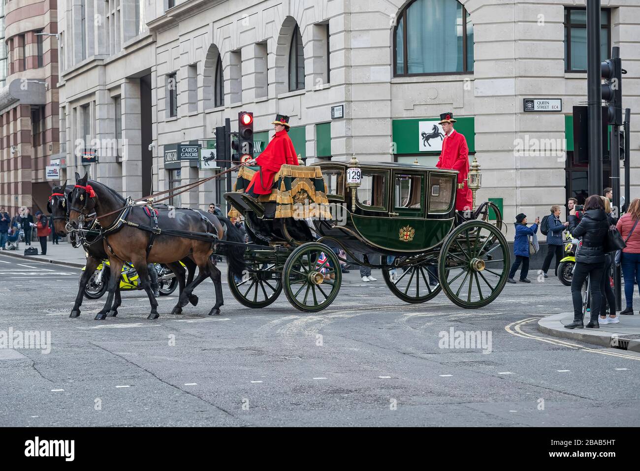 Carriage with horses and footmen at the Lord Mayor of London's Parade Stock Photo