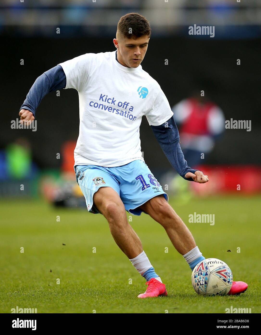 Coventry City's Ryan Giles wears a Heads Up t-shirt during the pre-match warm up prior to the beginning of the match Stock Photo