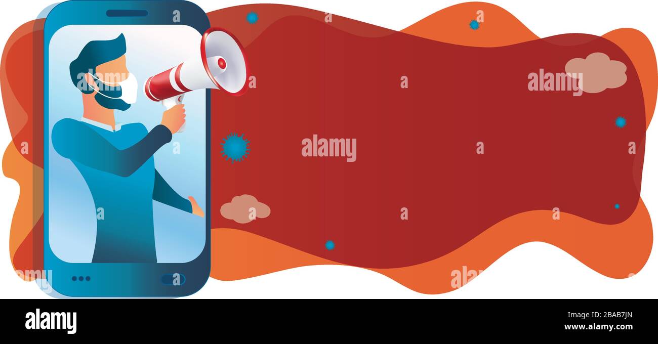Man with medical mask speaking on a mobile phone making an announcement. Covid-19 coronavirus infection prevention awareness campaign. Quarantine Stock Vector