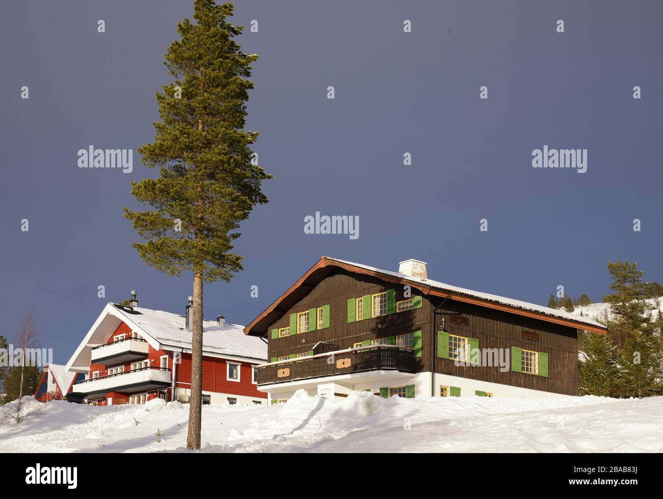 Typical wooden houses in Sweden during winter Stock Photo