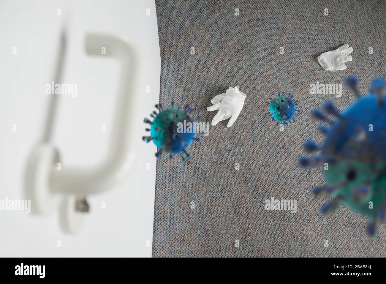 Corona virus infection concept: Hygiene medical gloves and door handle with corona virus renderings Stock Photo