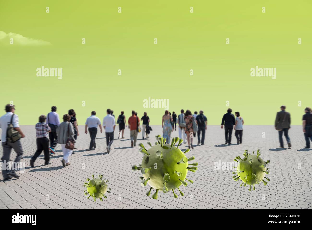 Corona Concept: Unidentifiable people walking in pedestrian area close to each other with corona virus renderings inbetween Stock Photo