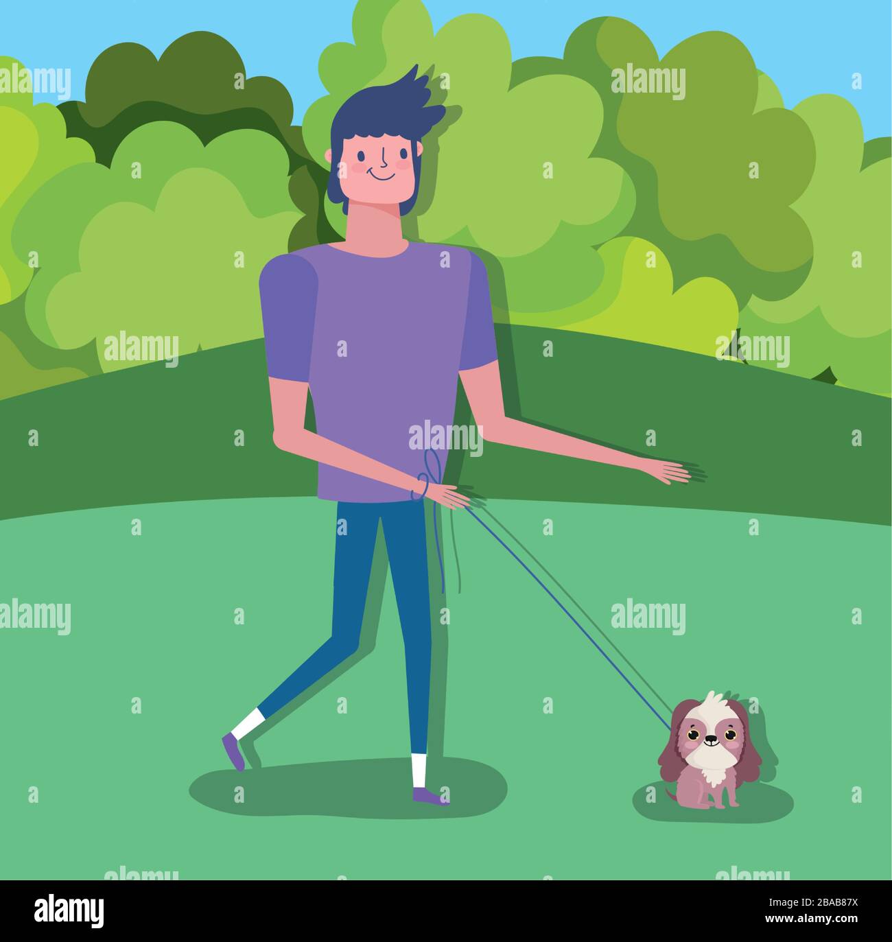 young man walking with her dog pet outdoor healthy life vector ...