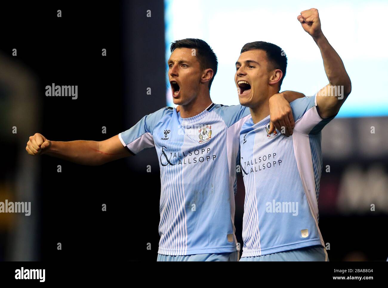 Coventry City's (left-right) Dominic Hyam and Michael Rose celebrate after the final whistle Stock Photo