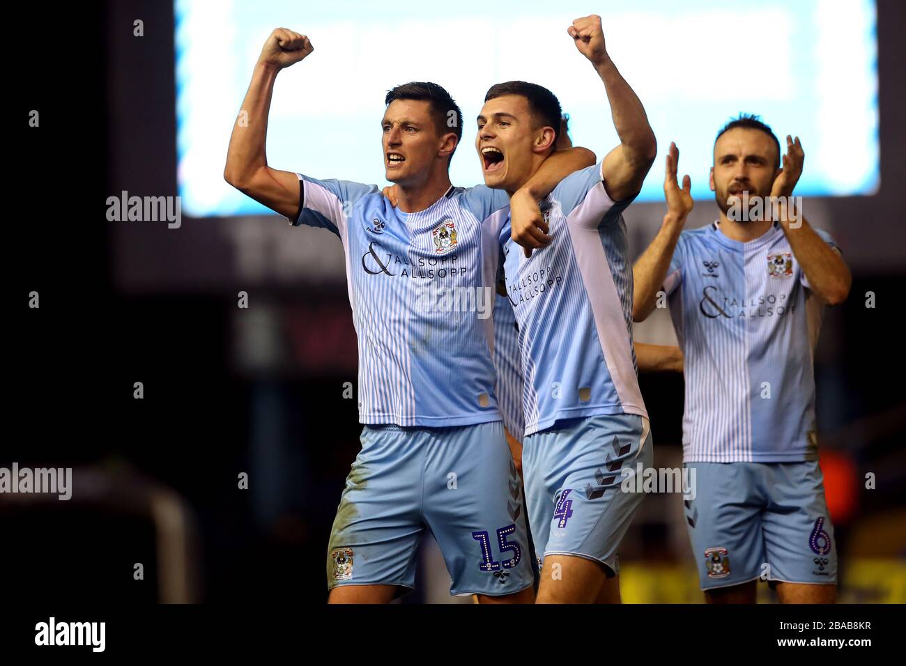 Coventry City's (left-right) Dominic Hyam, Michael Rose and Liam Kelly celebrates after the final whistle Stock Photo