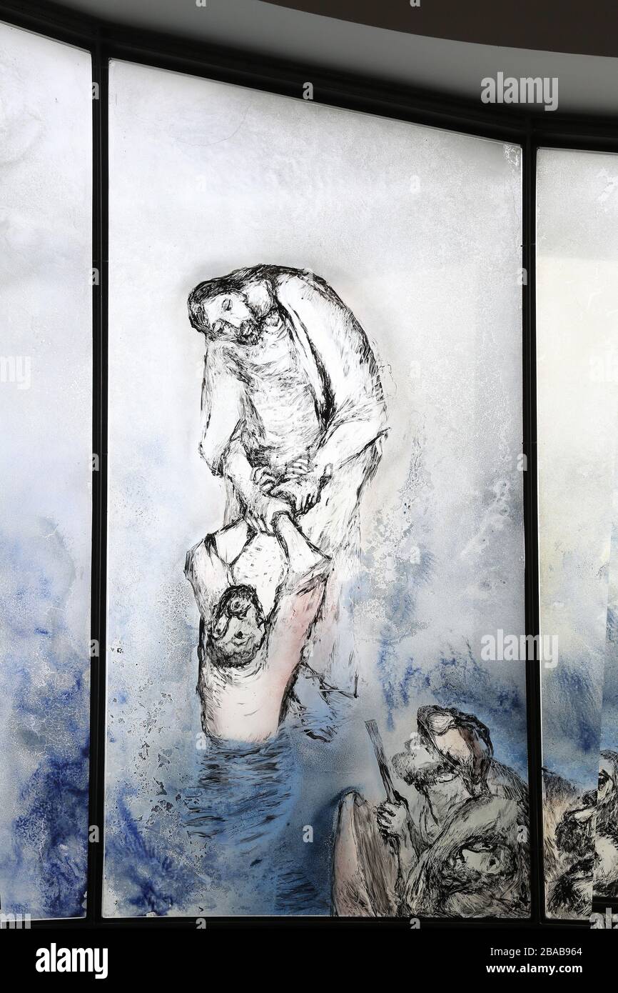 Jesus walking on water, stained glass window by Sieger Koder in Saint