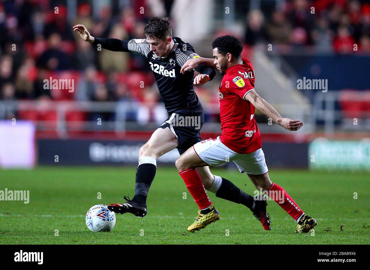 Derby County's Florian Jozefzoon (left) and Bristol City's Jay Dasilva battle for the ball Stock Photo