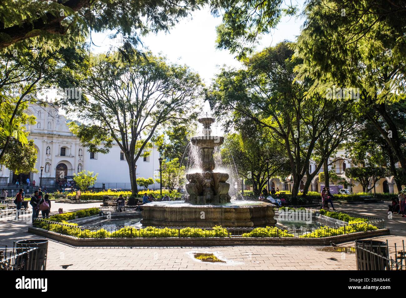 Water fountain, Central Park (Plaza Mayor), Antigua, Guatemala. Stock Photo