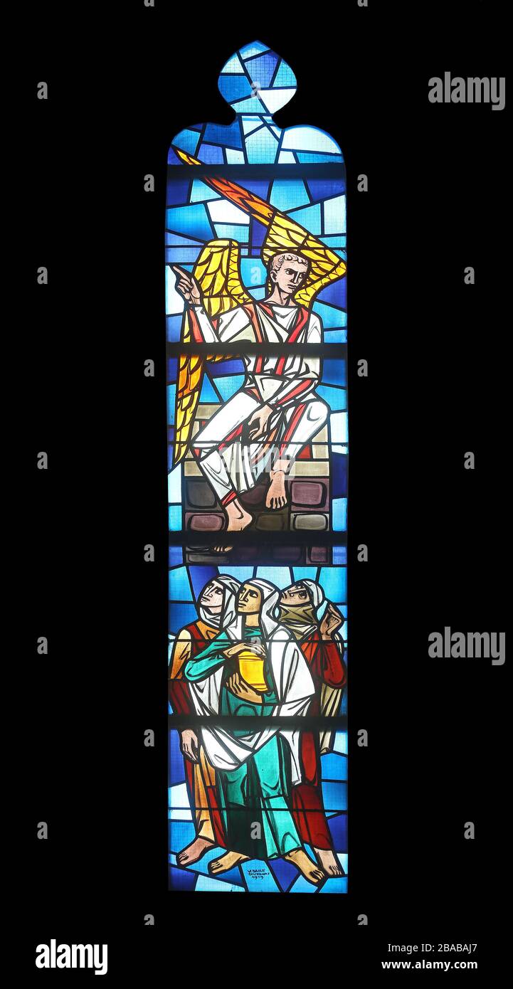 Angel, stained glass window at Evangelical Church in Wasseralfingen, Germany Stock Photo