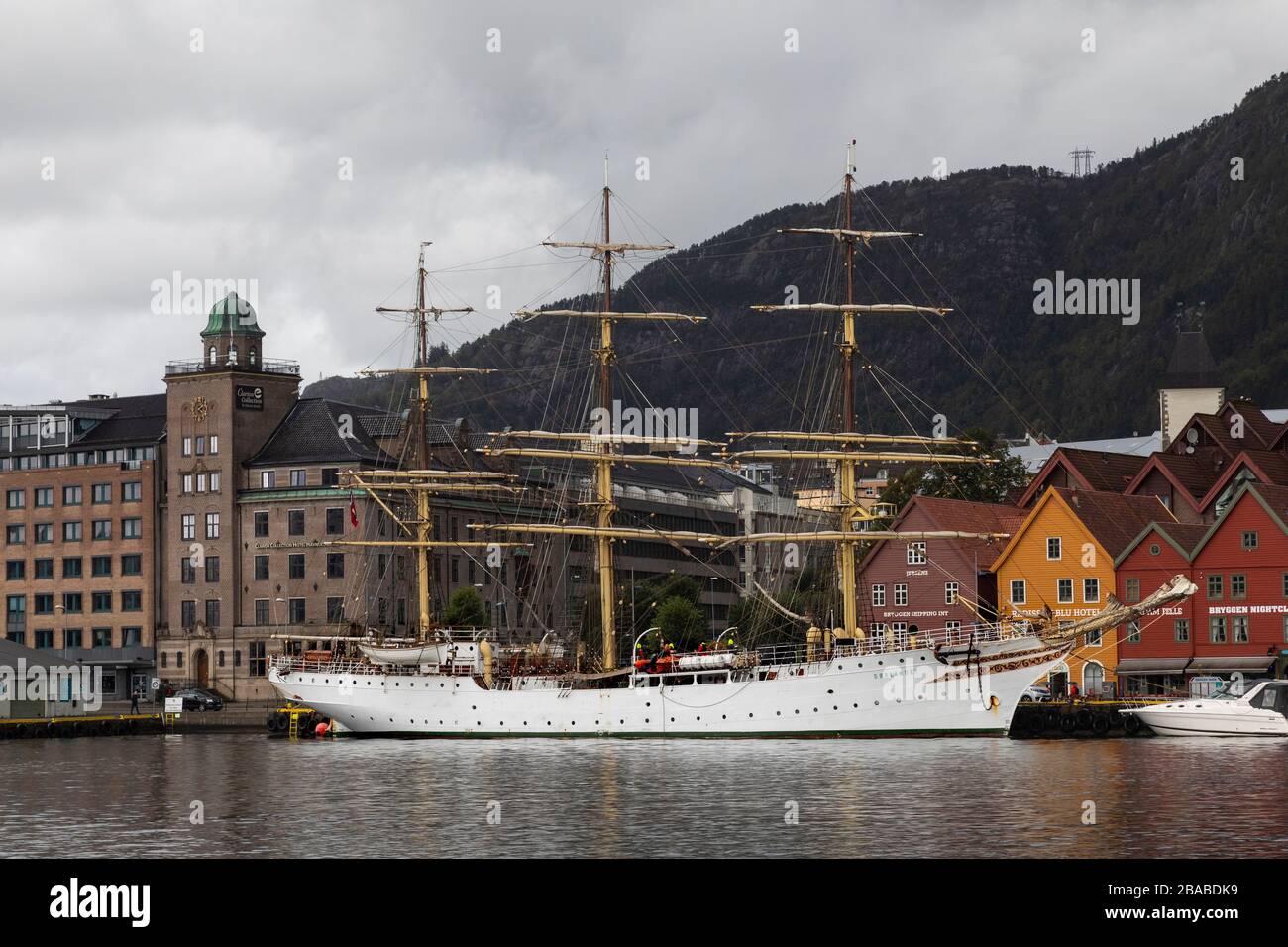 Full rigged sail ship Soerlandet (Sørlandet) at Bryggen quay, in port of Bergen, Norway Stock Photo