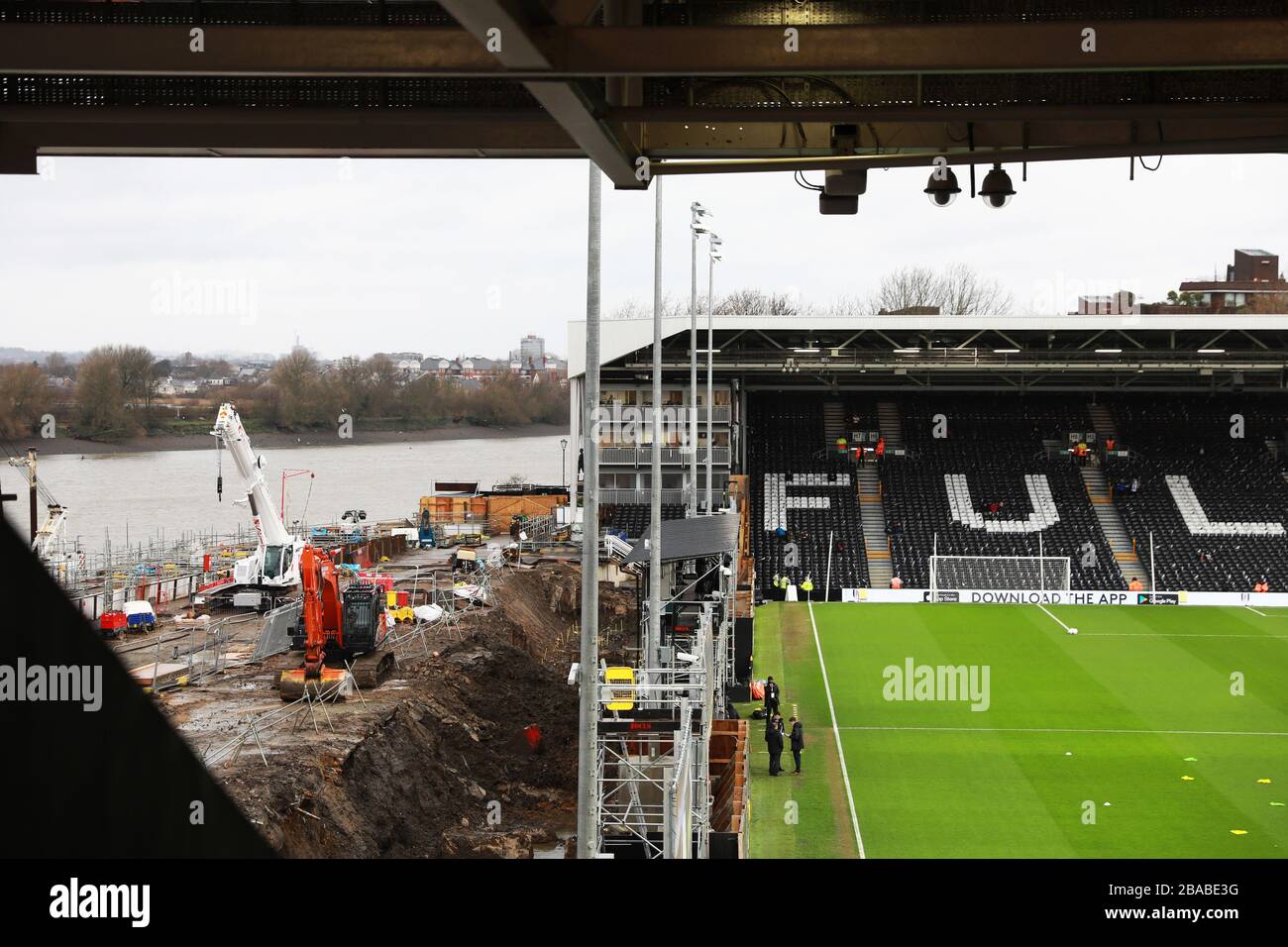 A general view of Craven Cottage and construction on the Riverside Stand (left) before the match Stock Photo