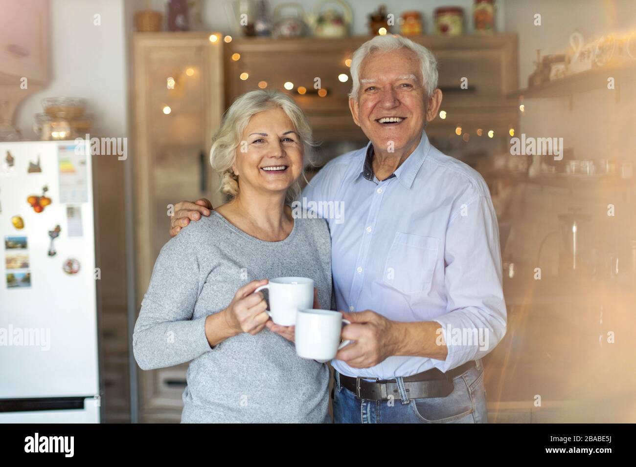 Happy senior couple embracing in their home Stock Photo