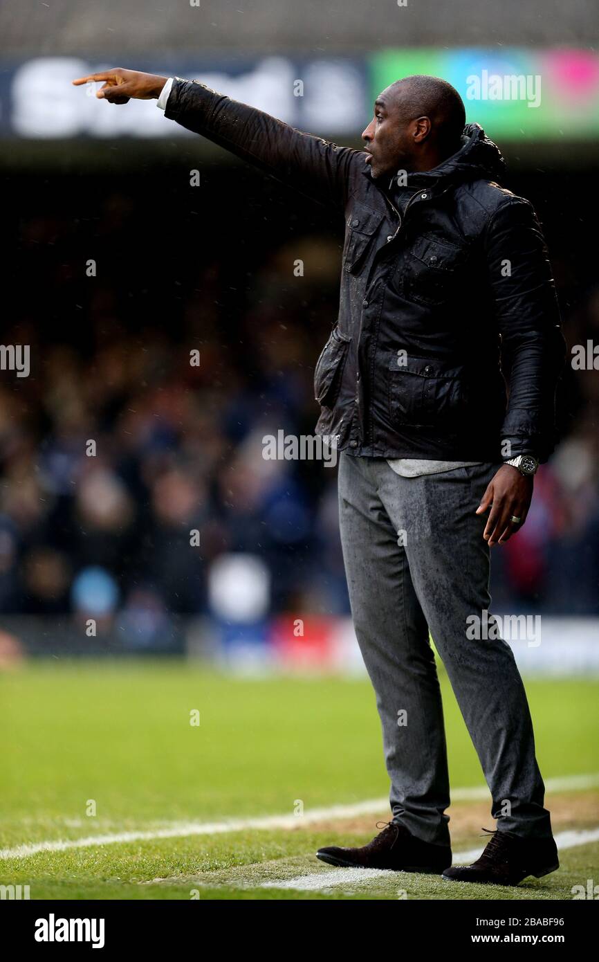 Southend United Sol Campbell gestures on the touchline Stock Photo