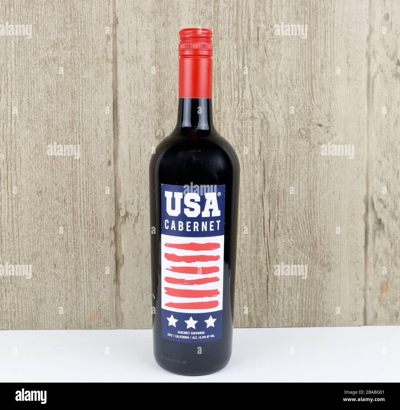 Spencer, Wisconsin, U.S.A. , March, 25, 2020    Bottle of USA Cabernet   USA Cabernet is a product of California, U.S.A. Stock Photo