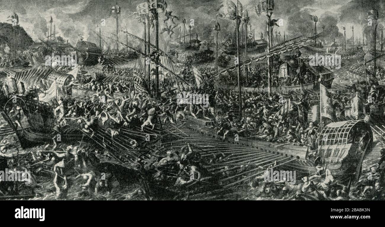 Shown here is a scene of the sea battle at Lepanto. It is from a fresco by Andrea Bicentino that was done in the Ducal (or Doge’s) Palace in Venice. The Battle of Lepanto was a naval engagement that took place on 7 October 1571 when a fleet of the Holy League, a coalition of European Catholic states arranged by Pope Pius V, inflicted a major defeat on the fleet of the Ottoman Empire in the Gulf of Patras. Andrea Vicentino (c. 1542 – 1617) was an Italian painter of the late-Renaissance or Mannerist period. He was a pupil of the painter Giovanni Battista Maganza. Born in Vicenza, he was also kn Stock Photo