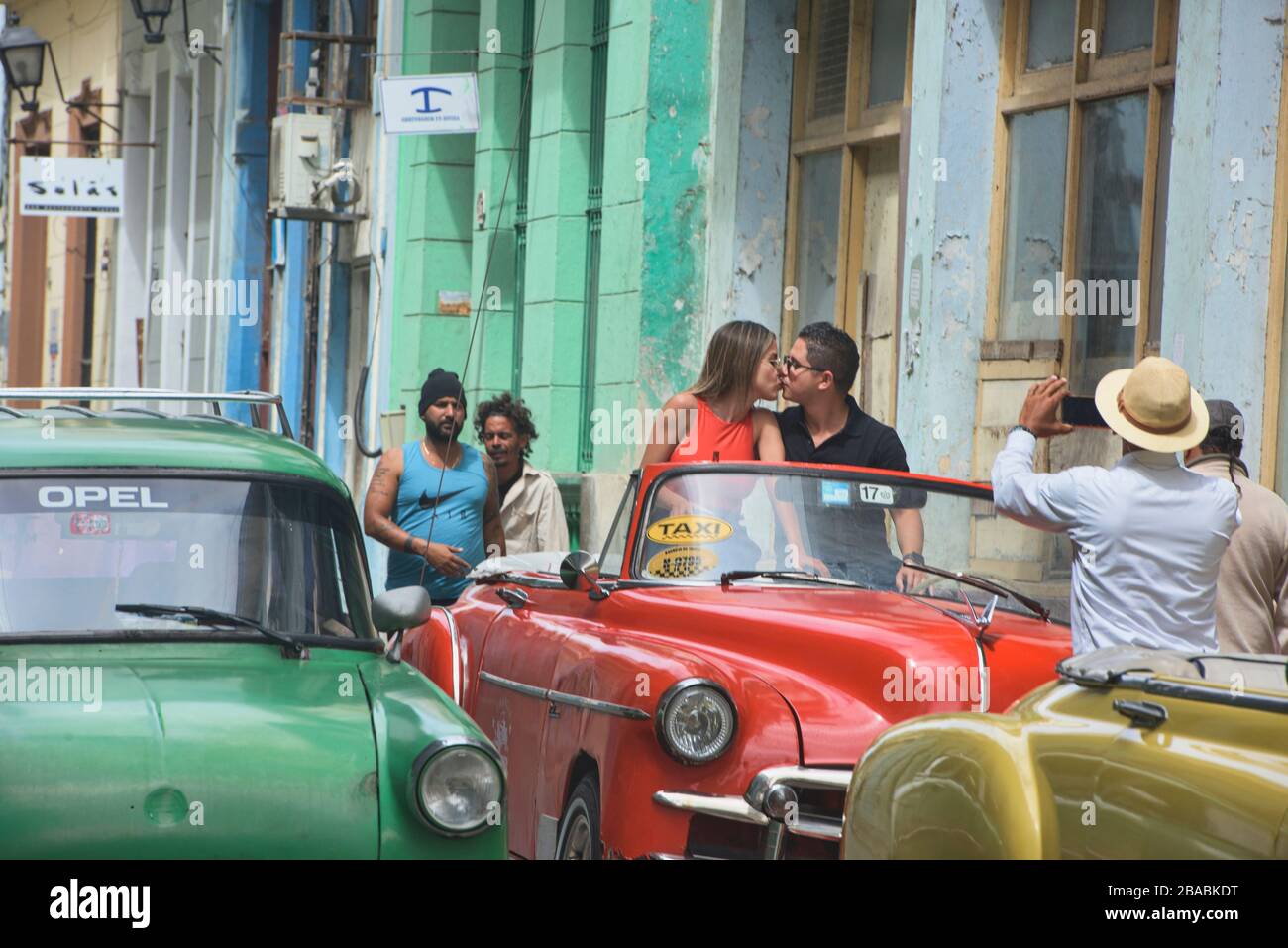 Kissing in a Chevy, Havana, Cuba Stock Photo