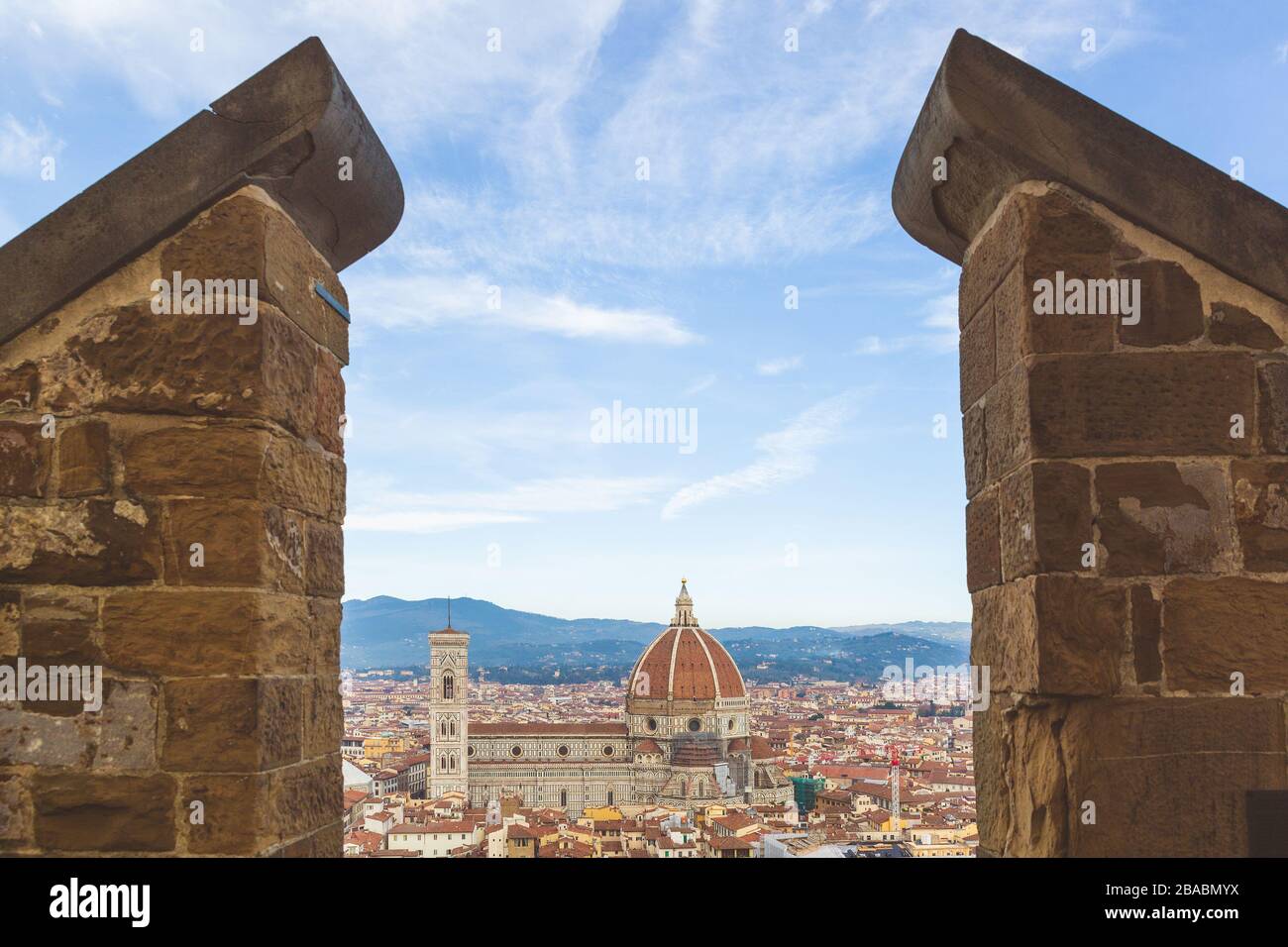 Florence Duomo Framed in Stone, The Florence Cathedral, Cathedral of Saint Mary of the Flower, Italian Renaissance Architecture Stock Photo