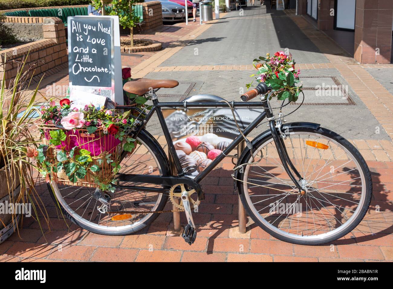Handcrafted Devonport Chocolates bicycle sign, Wynard Street, Devonport, Auckland, New Zealand Stock Photo